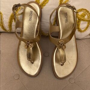 Michael Kors Gold Metallic Sandals T-Strap Design